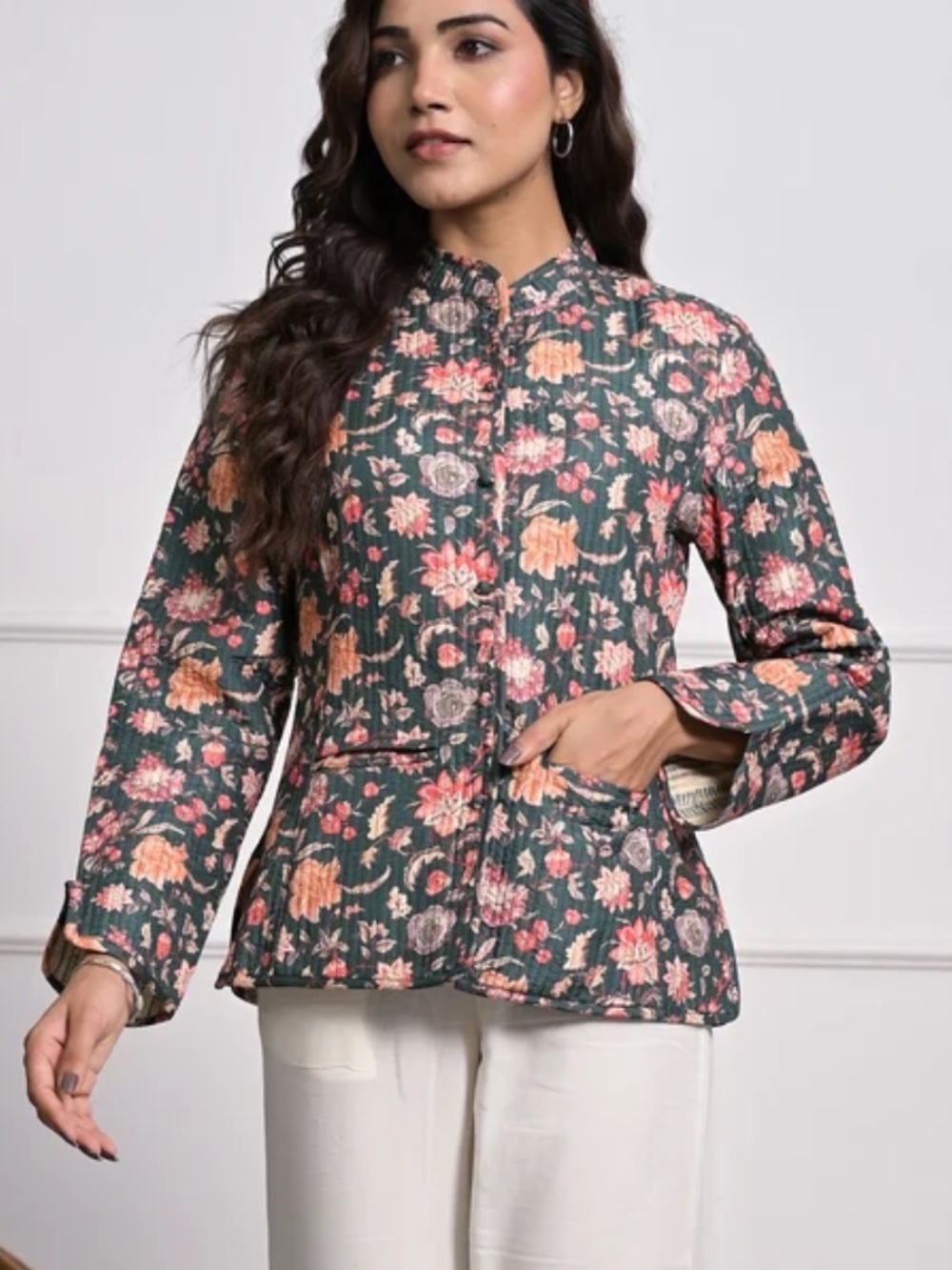 Indian Summer Gulab Chand floral Jacket green red orange made in India large